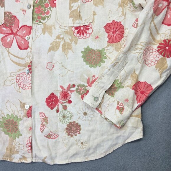 Chicos Shirt Womens 4 US 1XL Beige Floral Linen Button Front Long Sleeve Casual - Picture 4 of 9